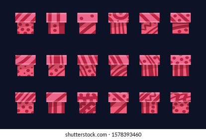 Set of pink gift boxes. Collection of elements for creating a festive design. Isolated image on a black background. Vector graphics. Flat style