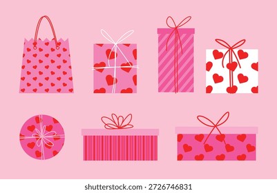 Conjunto de cajas de regalo rosa, bolso de compras y patrones de corazón sobre fondo pastel. Feliz día de San Valentín, ilustración de cumpleaños, arte de Clip. conjunto festivo romántico con cintas decorativas y papel de regalo