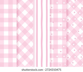 Conjunto de patrones sin costuras de guinga y rayas rosas en rosa pastel. Fondos a cuadros pastel dulce para diseños de San Valentín, boda y baby shower. Lindo Fondo de pantalla de Ilustración vectorial.