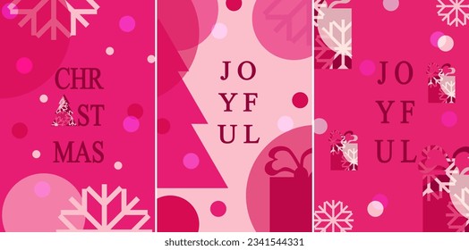 Set of Pink girl Christmas Card Cover in trendy style. Xmas 2024 poster with Christmas tree, gift box and snowflakes. New Year banner in minimalist style for website. Vector Art. 