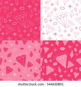 Set of pink girl pattern seamless vector. Doodle princess diamond print. Queen jewelry background for birthday card design, baby shower invitation, textile, diaper fabric and wrapping paper.