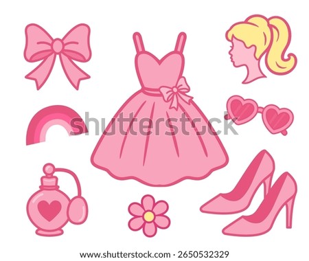 Set of pink girly elements including dress, bow, shoes, rainbow, heart glasses, flower, perfume, and decorative icons for creating festive birthday designs. Vector illustration.