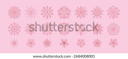 Set of pink girly snow flake icons. Filigree whimsical hand drawn vector illustration in coquette style. Big collection of different cute victorian lace snowflakes. Merry Christmas and Happy New Year