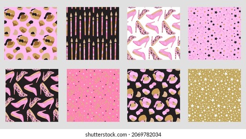 Set of pink glamour abstract seamless patterns with leopard spots, high heel shoes and stars. Birthday party wallpaper collection.