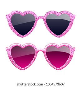 Set of pink glitter heart sunglasses icons. Fashion glasses accessories.