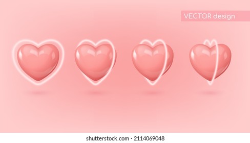 Set of Pink glossy candy hearts with light neon frame. Symbol of love. Be my Valentine. Vector illustration for card, party, design, flyer, poster, decor, banner, web, advertising.