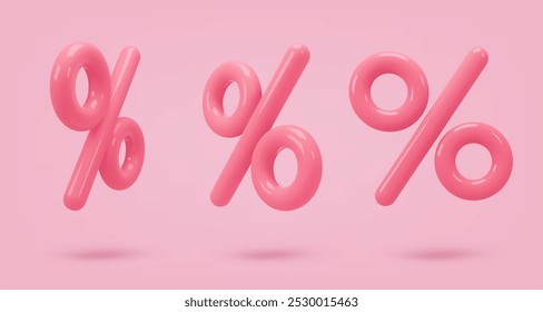 Set pink glossy icon, 3d render percent sign. Realistic design element. Vector illustration on pink, for postcard, icons, poster, banner, web, design, arts. Black Friday Sale