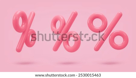 Set pink glossy icon, 3d render percent sign. Realistic design element. Vector illustration on pink, for postcard, icons, poster, banner, web, design, arts. Black Friday Sale