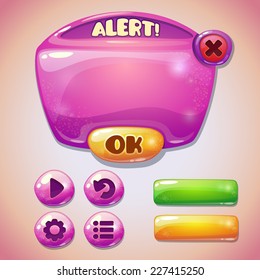Set of pink glossy information panel and buttons, beautiful sparkling elements for your game design