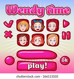 Set of pink glossy information panel and buttons, beautiful sparkling elements for your game design