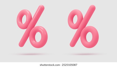 Definir ícone rosa, brilhante e fosco, sinal de porcentagem de renderização 3d. Elemento de design realista. Ilustração vetorial em roxo, para cartão postal, ícones, cartaz, banner, web, design, artes. Venda de Black Friday