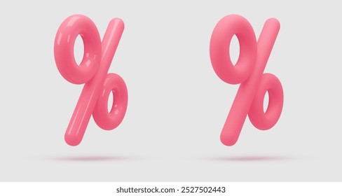 Set pink, glossy and matte icon, 3d render percent sign. Realistic design element. Vector illustration on white, for postcard, icons, poster, banner, web, design, arts. Black Friday Sale