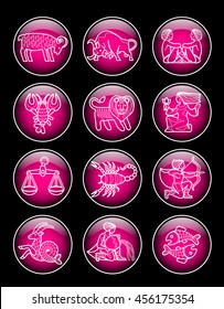 Set of pink glossy round icons with white linear zodiacal symbols. Vector illustration