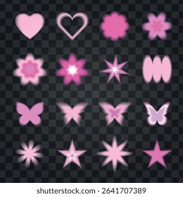 Set of pink glowing shapes on a transparent background. Includes hearts, flowers, stars, and butterflies. Pink shapes for design. Glowing pink elements. Cute glowing element set vector.