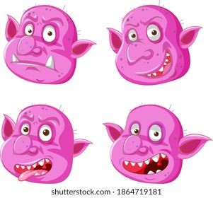 Set of pink goblin or troll face in different expressions in cartoon style isolated illustration