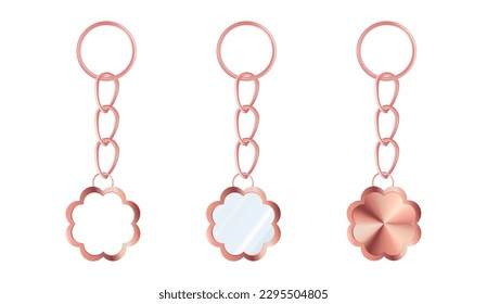 A set of pink gold keychains in the shape of a flower. Chains made of stainless steel. Metal key holders isolated on white background. Realistic vector illustration.