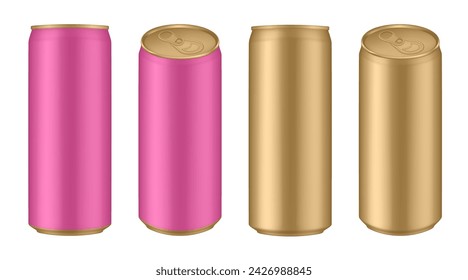 Set of pink and gold tin cans of energy drink, juice or soda. Cocktail or fitness drink. Cold beverages. Can top view	