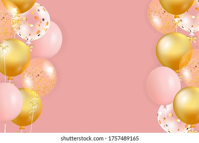 Set of pink, golden balloons with empty space for text. Celebrate a birthday, Poster, banner happy anniversary. Realistic decorative design elements. Festive background with helium balloons.