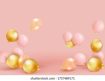 Set of pink, golden balloons flying on the floor. Celebrate a birthday, Poster, banner happy anniversary. Realistic decorative design elements. Festive pastel pink background with helium balloons.