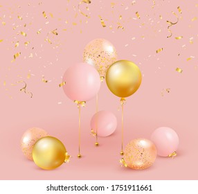 Set of pink, golden balloons with gold confetti. Celebrate a birthday, Poster, banner happy anniversary. Realistic decorative design elements. Festive background with helium balloons.