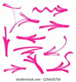 Set of pink graffiti arrows drawn by a marker. Vector illustration
