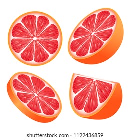 Set of pink grapefruit slices isolated on white background used as a design element. Vector illustration.