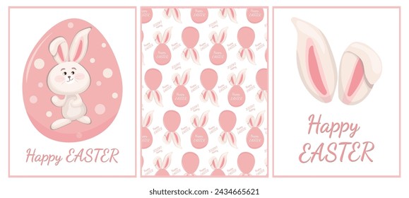 Set of pink graphic elements for Easter design. Vector editable cards and seamless pattern for design, banners, templates, clothing, covers, notepads, wrapping paper, social media