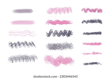 Set of pink and gray grunge watercolor brush strokes isolated on white. Vector illustration 