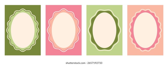 Conjunto de planos de fundo rosa e verde com quadro e caixa de texto. Quadro oval ondulado com dentes. Modelo vertical moderno para caixas de texto, convites, certificados, anúncios e etiquetas.