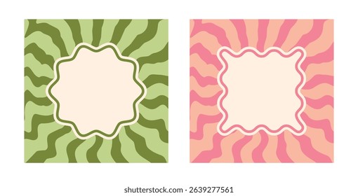 Set of pink and green backgrounds with round and square frame, text field. Jagged wavy frame on pink, green background with psychedelic sunray texture. Horizontal template for text fields, invitations