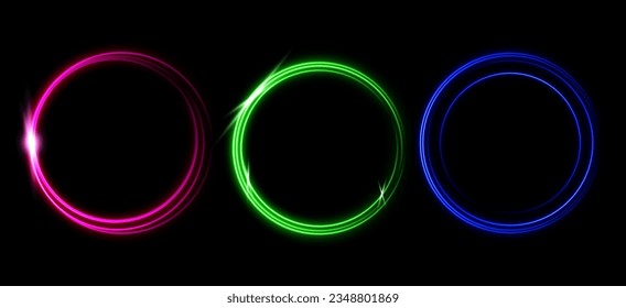 Conjunto de marcos láser rosa, verde y azul que brillan sobre fondo negro.  Círculos neones.  Ilustración del vector abstracto.