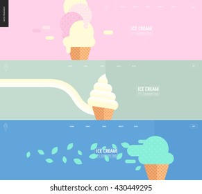 Set of pink, green and blue web header templates with links, icon, illustration and title on ice cream summer theme