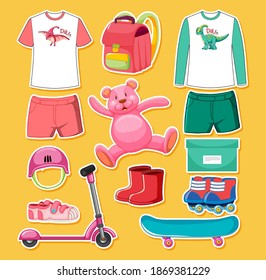 Set of pink and green color toys and clothes isolated on yellow background illustration