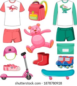 Set of pink and green color toys and clothes isolated on white background illustration