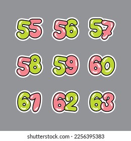 a set of pink and green numbers with a black outline, 
from fifty-five to sixty-three on a gray background, vector