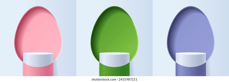 Conjunto de rosa, verde y violeta abstracto 3D feliz concepto de fondo de Pascua, podio de pedestal de cilindro que muestra productos con una pared de ventanas ovaladas de huevo como fondo, ilustración vectorial