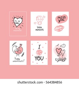 Set pink greeting cards with valentines day. Vector illustration.