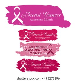 Set of pink grunge stickers with cancer ribbon in different pink tints isolated on white. National Breast Cancer Awareness Month. Vector illustration