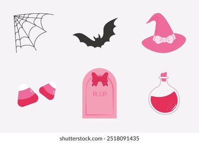 Set rosafarbene Halloween Elemente: Fledermaus, Hexenhut, Bonbons, Grabstein, Trank. Trendy Coquette Stil Illustration