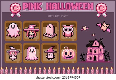 set of pink halloween icons pixel art asset