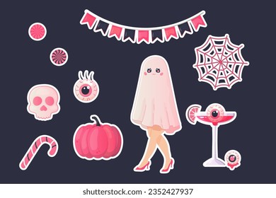Set of pink Halloween stickers doll, pumpkin, candy, girl, cocktails