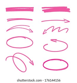 set of pink hand drawn arrows signs and highlighting elements