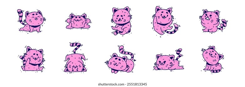 Set von rosa handgezeichneten Katzen im Doodle-Stil. Lustige Zeichentricktiere und Haustiere. Vektorliniengrafik einzeln auf weißem Hintergrund