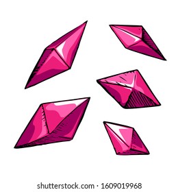 Set of pink hand drawn crystals isolated on white background. Vector gems for game design. Bright stock clip art