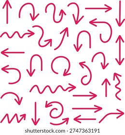 Set of pink hand drawn doodle arrows pointing in various directions