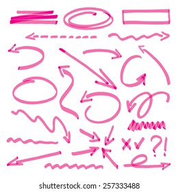 Set of pink hand-drawn arrows on a white background. Vector outline illustration.