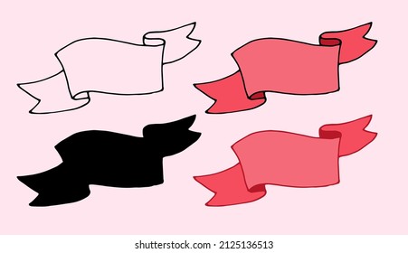 A set of pink hand-drawn banners. Isolated set of banner elements made of vintage ribbon with curved and triangular ends in light pink, isolated black outline and silhouette on white with empty space 