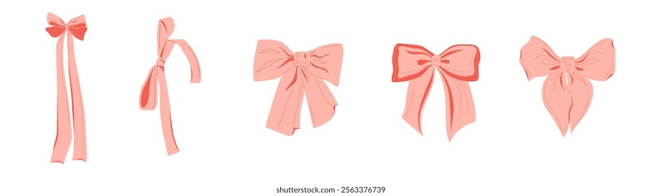 Set of pink hand-drawn bows. Bows of different sizes. The concept of elegance and femininity. Vintage minimalistic vector illustration in doodle style for greeting cards, wedding invitations
