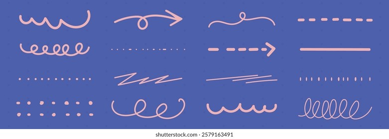 Set of pink hand-drawn lines and arrows on a blue background. Includes wavy lines, arrows, and dotted lines. Decorative lines and arrows for design. Colorful doodle elements, vector set.