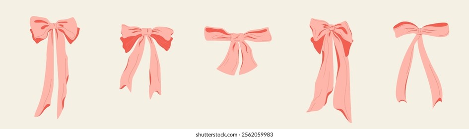 Set of pink hand-painted bows. Bows of different sizes.The concept of elegance and femininity. Vintage minimalistic vector illustration in doodle style  for greeting cards, wedding invitations